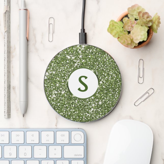 Faux Green Glitter Texture Look-like And Monogram Wireless Charger (Desk)