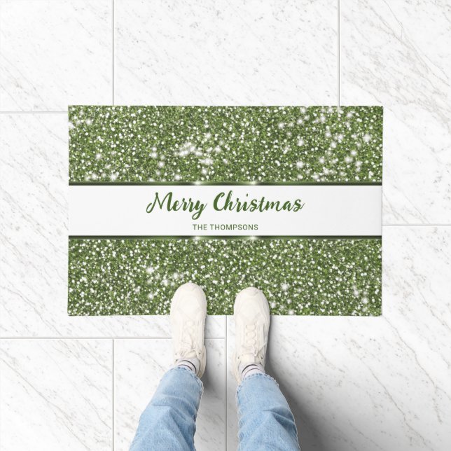 Faux Green Glitter Texture Look Merry Christmas Doormat (Indoor)