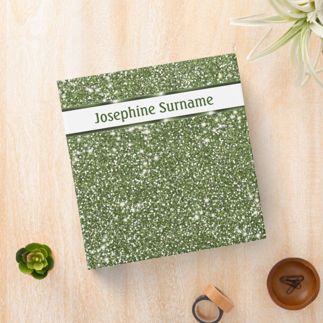 Faux Green Glitter Texture Look With Custom Name 3 Ring Binder (In Situ)