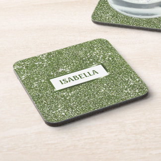 Faux Green Glitter Texture Look With Custom Name Beverage Coaster