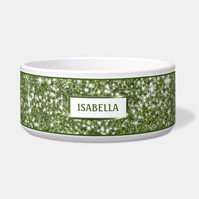 Faux Green Glitter Texture Look With Custom Name Bowl (Front)