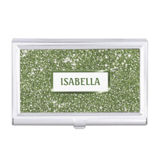 Faux Green Glitter Texture Look With Custom Name Business Card Case