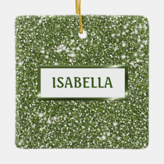 Faux Green Glitter Texture Look With Custom Name Ceramic Ornament