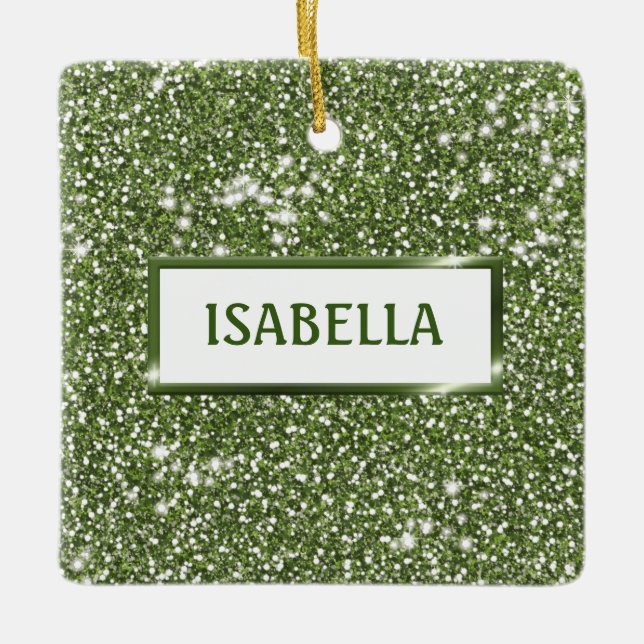 Faux Green Glitter Texture Look With Custom Name Ceramic Ornament (Front)