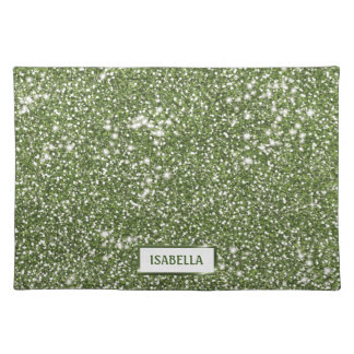 Faux Green Glitter Texture Look With Custom Name Cloth Placemat
