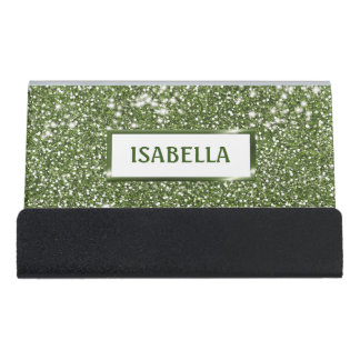 Faux Green Glitter Texture Look With Custom Name Desk Business Card Holder