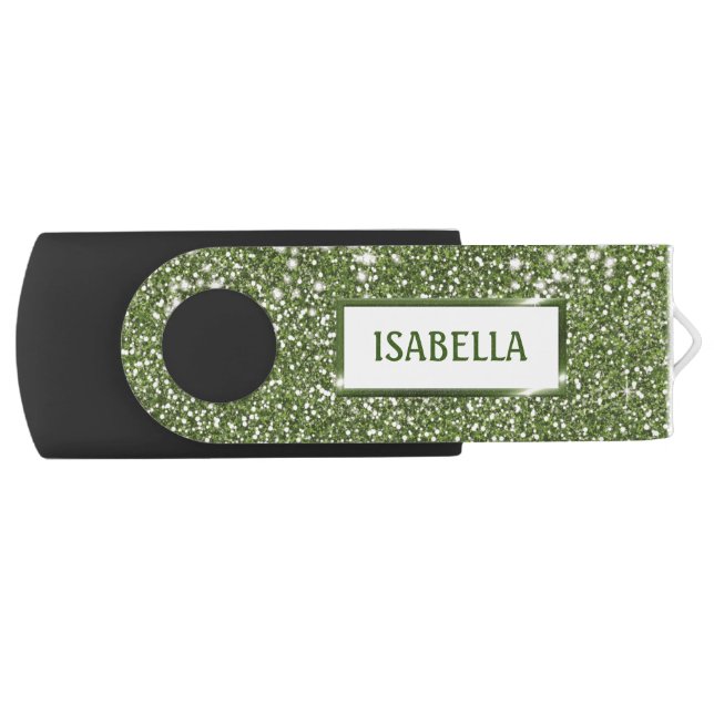 Faux Green Glitter Texture Look With Custom Name Flash Drive (Front)