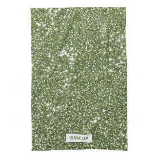 Faux Green Glitter Texture Look With Custom Name Kitchen Towel