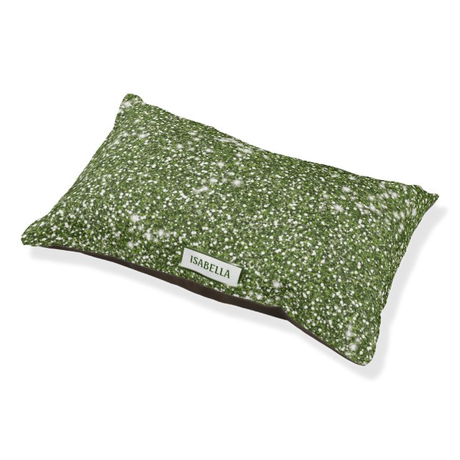 Faux Green Glitter Texture Look With Custom Name Pet Bed (Angled)
