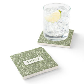 Faux Green Glitter Texture Look With Custom Name Stone Coaster