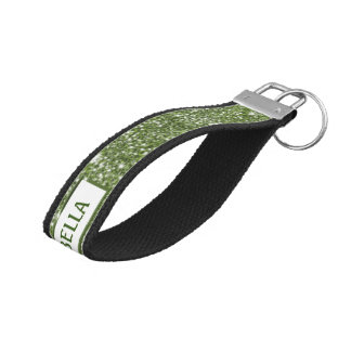 Faux Green Glitter Texture Look With Custom Name Wrist Keychain