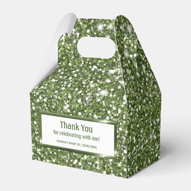 Faux Green Glitter Texture Look With Custom Text Favor Boxes (Front Side)