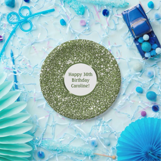Faux Green Glitter Texture Look With Custom Text Paper Plates (Party)