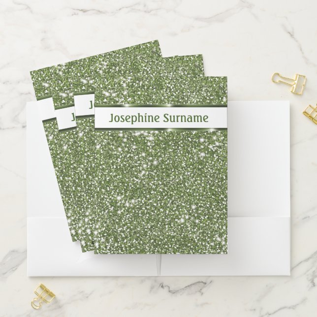 Faux Green Glitter Texture Look With Custom Text Pocket Folder (In Situ)