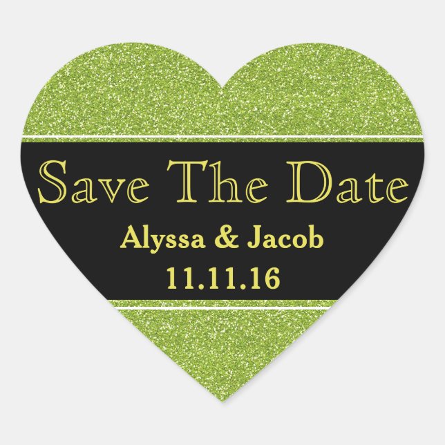 Faux Green Glitter Wedding  Save the Date Heart Sticker (Front)