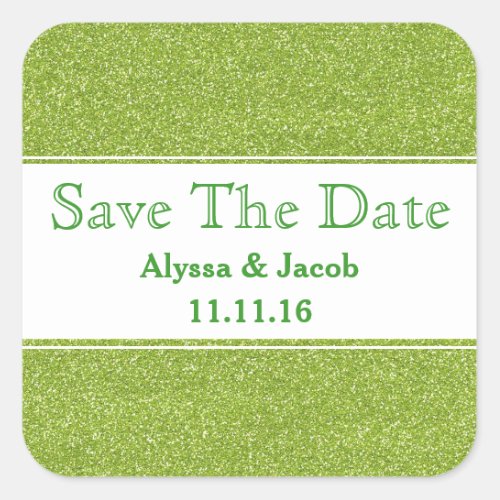 Faux Green Glitter Wedding Save the Date Square Sticker