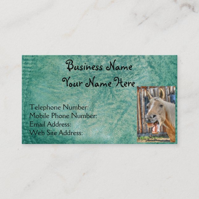 Faux Green Leather & Happy Horse Design 2 Business Card (Front)