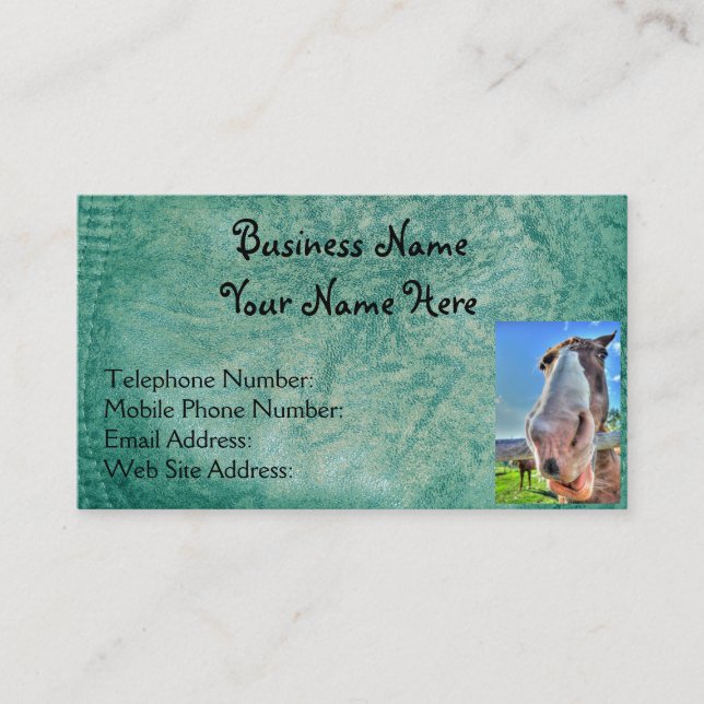 Faux Green Leather & Happy Horse Design Business Card (Front)