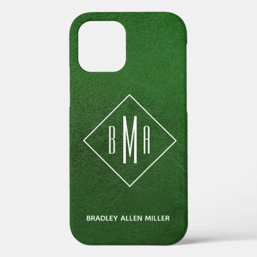 Faux Green Leather White Monogram Personalized iPhone 12 Case