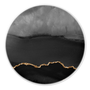 Faux Grey Marbled Agate Golden Glitter Black Stone Ceramic Knob