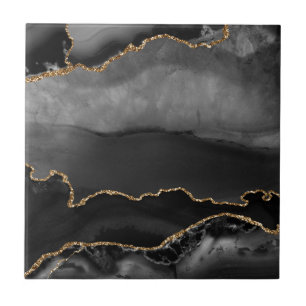 Faux Grey Marbled Agate Golden Glitter Black Stone Ceramic Tile