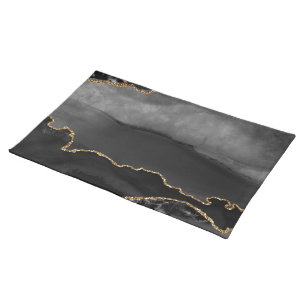 Faux Grey Marbled Agate Golden Glitter Black Stone Cloth Placemat