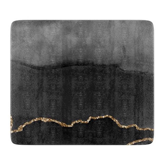Faux Grey Marbled Agate Golden Glitter Black Stone Cutting Board (Front)