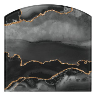 Faux Grey Marbled Agate Golden Glitter Black Stone Door Sign