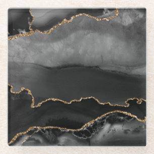 Faux Grey Marbled Agate Golden Glitter Black Stone Glass Coaster