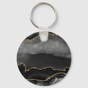 Faux Grey Marbled Agate Golden Glitter Black Stone Keychain