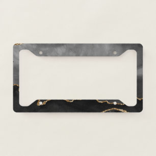 Faux Grey Marbled Agate Golden Glitter Black Stone License Plate Frame