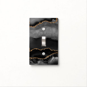 Faux Grey Marbled Agate Golden Glitter Black Stone Light Switch Cover