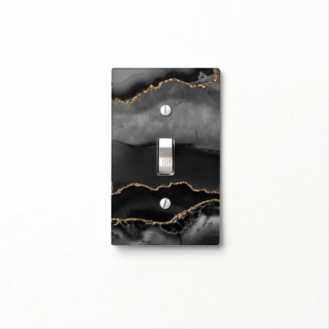 Faux Grey Marbled Agate Golden Glitter Black Stone Light Switch Cover (In Situ)