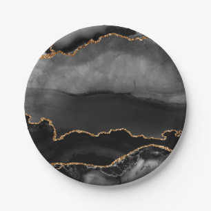 Faux Grey Marbled Agate Golden Glitter Black Stone Paper Plates
