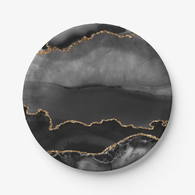 Faux Grey Marbled Agate Golden Glitter Black Stone Paper Plates (Front)