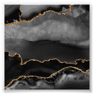 Faux Grey Marbled Agate Golden Glitter Black Stone Photo Print