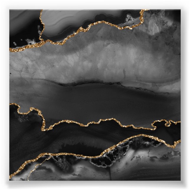 Faux Grey Marbled Agate Golden Glitter Black Stone Photo Print (Front)