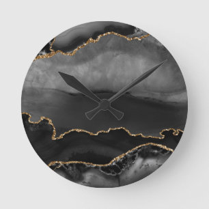 Faux Grey Marbled Agate Golden Glitter Black Stone Round Clock