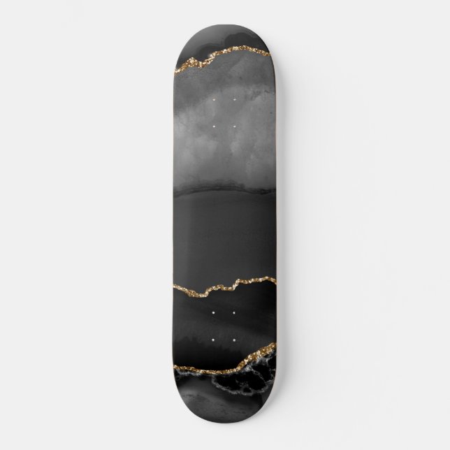 Faux Grey Marbled Agate Golden Glitter Black Stone Skateboard (Front)