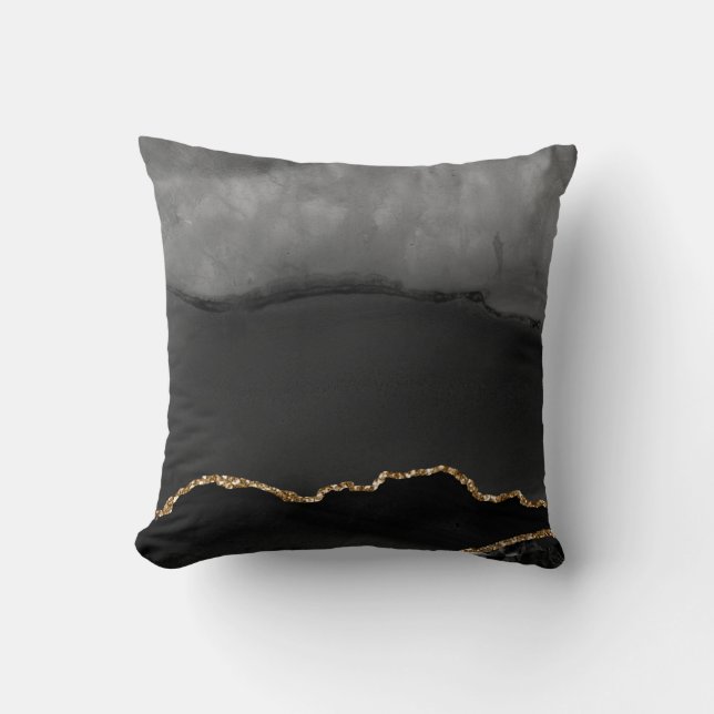 Faux Grey Marbled Agate Golden Glitter Black Stone Throw Pillow (Front)