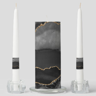 Faux Grey Marbled Agate Golden Glitter Black Stone Unity Candle Set