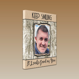 Faux grey wood effect keep smiling photo brown canvas print