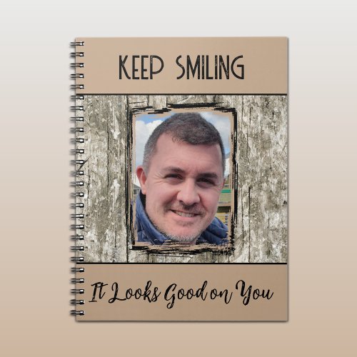 Faux grey wood effect keep smiling photo brown notebook