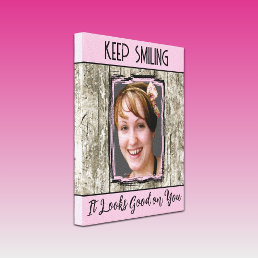 Faux grey wood effect keep smiling photo pink canvas print
