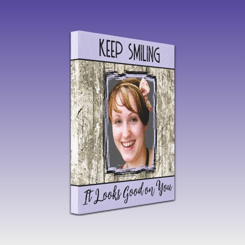 Faux grey wood effect keep smiling photo purple canvas print