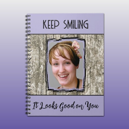 Faux grey wood effect keep smiling photo purple notebook