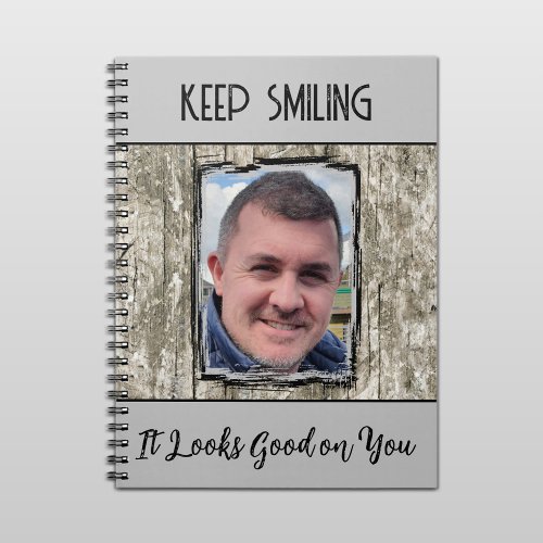 Faux grey wood effect keep smiling photo silver notebook