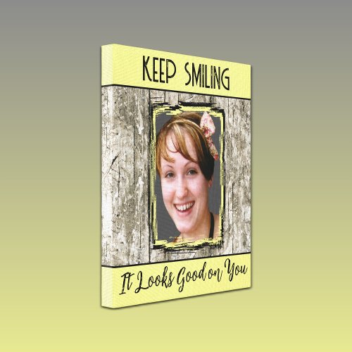 Faux grey wood effect keep smiling photo yellow canvas print