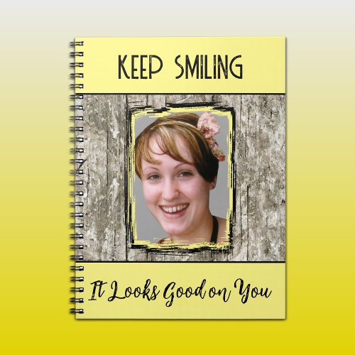 Faux grey wood effect keep smiling photo yellow notebook