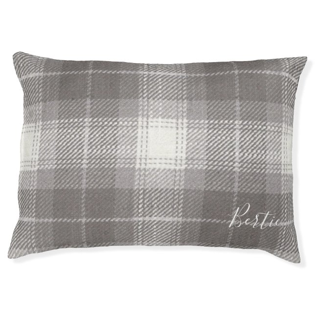 Faux grey woollen checked personalised pet bed (Front)